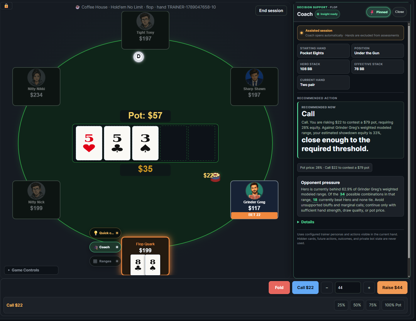 A six-seat Hold'em table with live decision support beside the game.