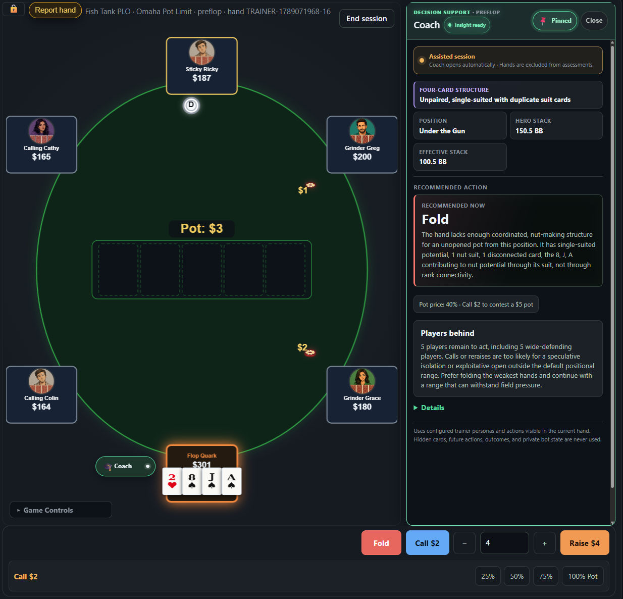 A complete PLO table with four Hero cards, visible opponents, and contextual coaching.