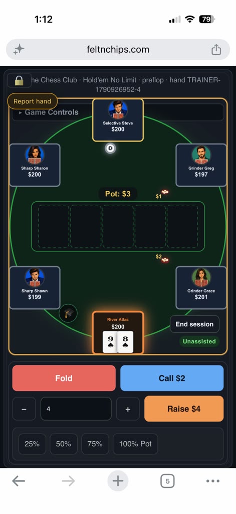 Phone view of a Hold'em table with Hero's cards and action controls visible.