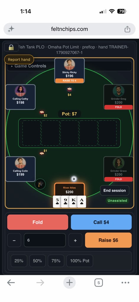 Phone view of a PLO table with Hero's four cards and action controls visible.
