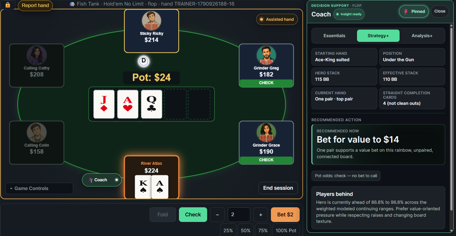A Hold'em hand on the flop with the current action controls and Coach explaining a value bet.