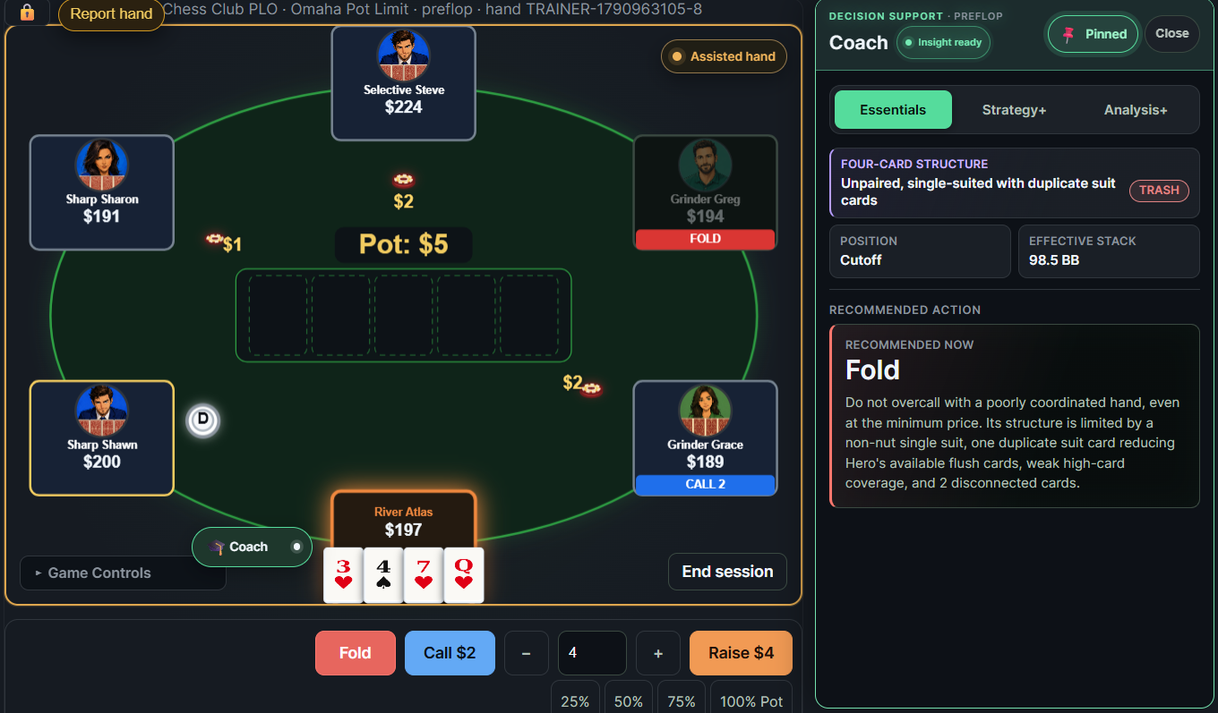 Live PLO coaching beside the table with Essentials selected and a preflop fold recommendation.